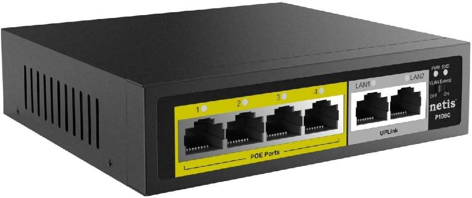 Netis Switch POE P106C - 4 Puertos POE y 2 Puertos Uplink, 60W, 100 Mbps, Watch Dog, Plug   Play, 250 Mts de alcance en transmisión, No Administrable Netis Switch POE P106C - 4 Puertos POE y 2 Puertos Uplink, 60W, 100 Mbps, Watch Dog, Plug   Play, 250 Mts de alcance en transmisión, No Administrable